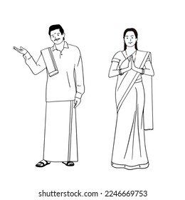 Vector de contorno de pareja del sur de India aislado para Pongal y Onam.