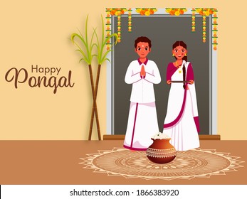 South Indian Couple Standing Together With Sugarcane, Pongali Rice Mud Pot On Rangoli For Happy Pongal Celebration.