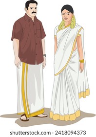 A South Indian couple wearing traditional dress