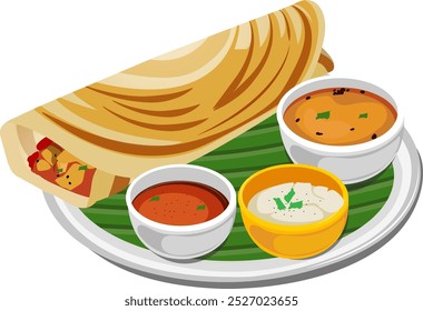 Dosa prato indiano do sul com Sambar e Nariyal Chutney Vetor Ilustração