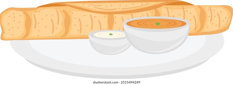 Plato Dosa Del Sur De La India Con Sambhar Y Ilustración vectorial De Chutney De Coco