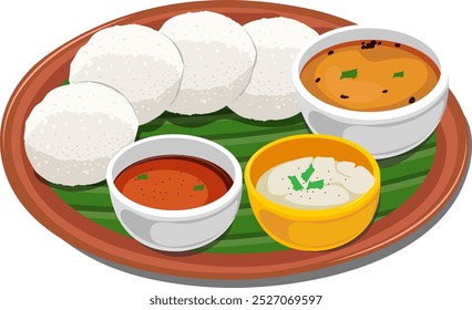 South Indian Dish Idli With Sambar and Nariyal Chutney Vector Illustration