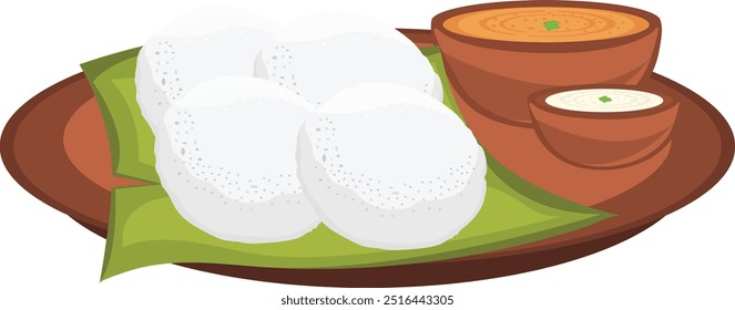 South Indian Dish Idli With Sambhar And Coconut Chutney Vector Illustration