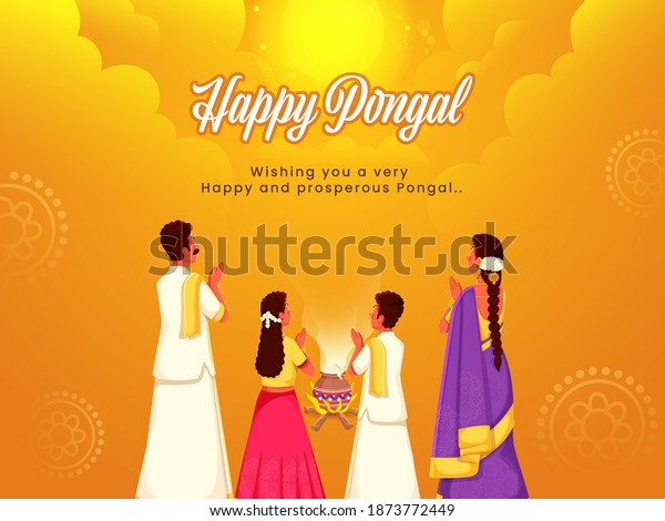 South\
Indian Family Doing Surya (Sun) God Worship With Cooking Mud Pot\
Over Bonfire On Yellow Background For Happy\
Pongal.
