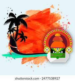 South Indian festival celebration background with illustration of Kathakali Dancer Face and Snake Boat on abstract brush stroke background.