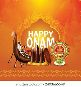 South indian festival happy onam celebration greeting card with realistic elements