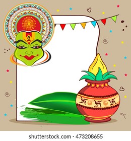 South Indian Festival Onam Wallpaper design with Beautiful Kathakali Face, Kalash & Banana Leaf on decorative background.