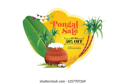 South Indian Festival Pongal Offer, Sale Background Template with 50% Discount Tag