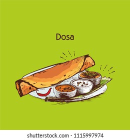 South Indian Food . Dosa  Traditional Vector 