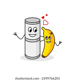 South Indian Food Puttu or Steamed Rice Cake with Banana. Cartoon characters who love each other