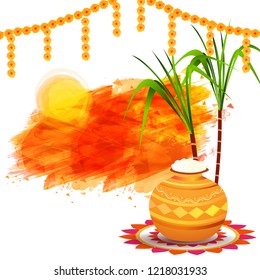 South Indian harvest festival celebration concept with traditional pot and sugarcane on brush stroke background for Happy Pongal poster or greeting card design.