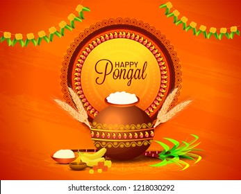 Festival de la cosecha del sur de India, celebraciones del Feliz Pongal - cartel o diseño de afiches con ofrendas religiosas y olla tradicional sobre fondo anaranjado.