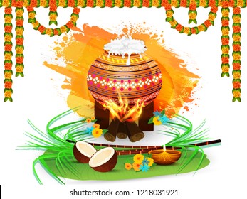 South Indian harvest festival, Happy Pongal celebration poster design with traditional festival elements. Can be used as greeting card design.