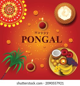 South Indian harvesting festival, Happy Pongal celebrations greetings with Pongal elements, sugarcane and plate of religious props. vector illustration design