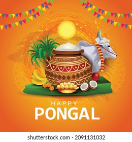 South Indian harvesting festival, Happy Pongal celebrations greetings with Pongal elements, sugarcane and plate of religious props. vector illustration design