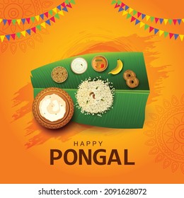 South Indian harvesting festival, Happy Pongal celebrations greetings with Pongal elements, banana leaf with pongal food. vector illustration design