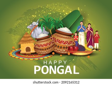 South Indian harvesting festival, Happy Pongal celebrations greetings with Pongal elements, sugarcane and plate of religious props. vector illustration design