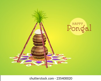 South Indian harvesting festival Happy Pongal celebrations with rice in traditional mud pots and sugarcane on colorful rangoli decorated green background.