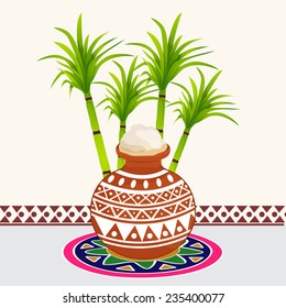 South Indian harvesting festival, Happy Pongal celebrations with rice in traditional mud pot and sugarcane on colorful rangoli decorated background.