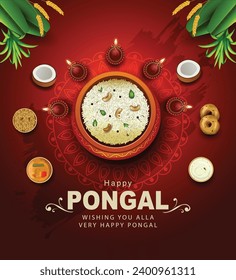 South Indian harvesting festival, Happy Pongal celebrations greetings with Pongal elements, banana leaf with pongal food. vector illustration design