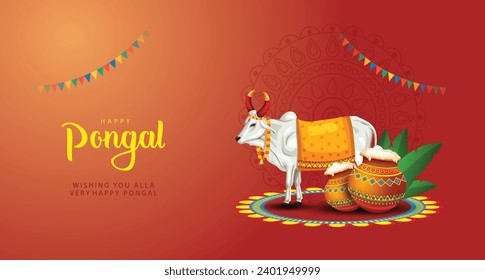 South Indian harvesting festival, Happy Pongal celebrations greetings with Pongal elements, banana leaf with pongal food. vector illustration design