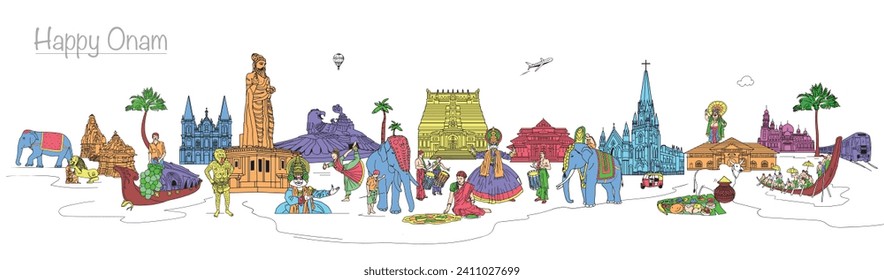 South Indian Kerala Festival Happy Onam, South Indian Culture, Kerala Monuments, Color Vector Illustrations.