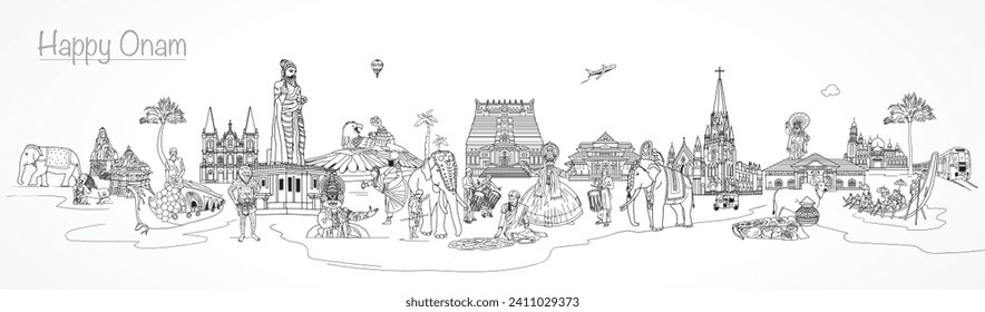 South Indian Kerala Festival Happy Onam, Indian Culture, Kerala Monuments, Black and white Vector Illustrations.