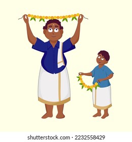 South Indian Man With His Son Holding Floral Garland (Toran) For Decoration On Pastel Yellow Background.