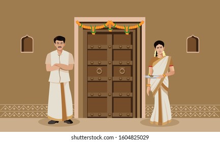 south indian man and woman at door vector illustration