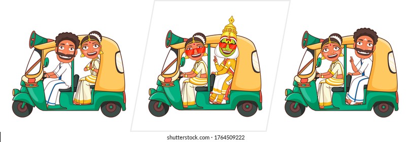 South Indian Man With Woman And Kathakali Dancer Riding On Auto Taxi For Announcement.