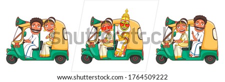 South Indian Man with Woman and Kathakali Dancer Riding on Auto Taxi for Announcement.