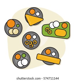 South Indian Meal Icons (Food Vector Illustrations In Flat Style Line Art) With Names Of The Dishes