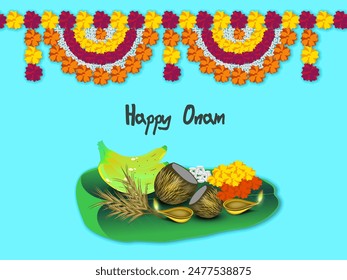 Tarjeta de felicitación del festival Onam del sur de la India con ofrendas de Religión en hoja de plátano y guirnalda floral (Toran) decorado con fondo azul.