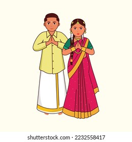 Pareja De Bodas Del Sur De India (Tamil Nadu) Saludando A Namaste Con Vestido Tradicional Contra El Latte Cósmico.