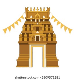 South Indian temple gopuram vector illustration. Traditional Hindu temple entrance tower decorated with festive bunting flags for cultural celebrations, Diwali, Pongal, and religious designs