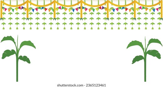 South Indian Traditional Mango and palm Leaves Garland. Decoration for Indian Hindu Auspicious Occasion, natural coconut and mango leaf vector, editable design. Pongal, ayudha poojai festival set.