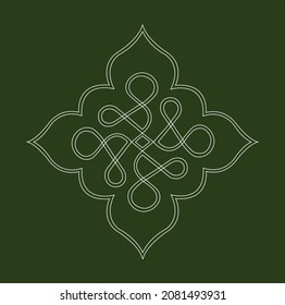 South Indian traditional rangoli design with white lines with traditional motif on deep green color background.