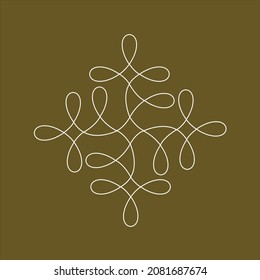 South Indian traditional rangoli design with white  circular lines with Indian trditional motif on green color background.
