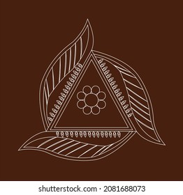 South Indian traditional rangoli design with white  circular lines with Indian trditional motif on brown color background.
