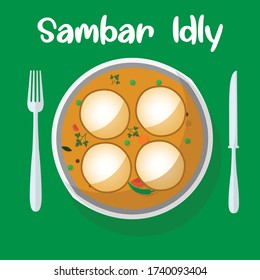 South Indian Traditional Sambar Idly. food illustration. Vector Art 