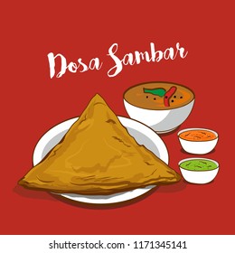 South Indian Traditional Triangle Dosa With Sambar. Vector Illustration