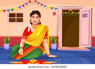 South Indian woman making Onam pookalam, Kerala traditional festival Onam concept image, Kerala woman Wearing traditional dress and arranging flower decoration, Pongal background