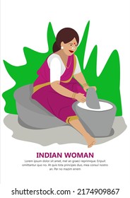 

South Indian woman powdering spices in big stone bowl vector