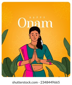 Südindische Frauen feiern das Onam-Festival mit bearbeitbaren Vektorgrafiken für Webbanner, Grußkarten und Verpackungen. 