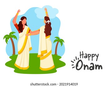 South Indian Women Dancing Together On Nature Background For Happy Onam Festival.