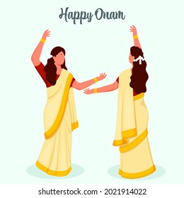 South Indian Women Dancing Together On The Occasion Of Happy Onam Festival.