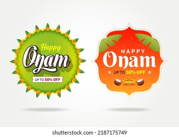 South India's Happy Onam Discount Upto 50% Off Banner, Logo Design, Sticker, Concept, Greeting Card, Template, Icon Unit, Label, Web, Poster, Logo Unit