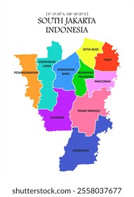 South Jakarta illustration map vector with every district in color and white boundary lines, Indonesia