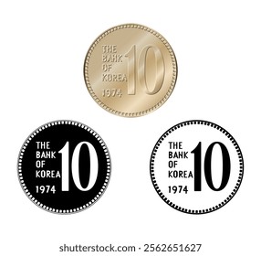 South Korea, 10 won, 1974. Reverse of South Korea ten won coin. The coin is depicted in black and white. Vector illustration.