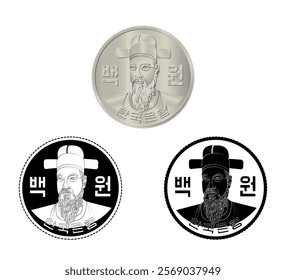 South Korea, 100 won, 1974. Obverse of South Korea one hundred won coin. The coin is depicted in black and white. Vector illustration.